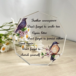 Hexagonal clear acrylic plaque with vibrant bird floral print and inspirational quote