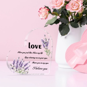 Heart-shaped acrylic ornament with lavender floral prints and romantic LOVE quotes