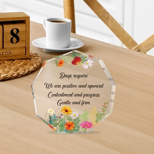 Hexagonal acrylic plaque with floral prints and inspirational quotes for desktop decor