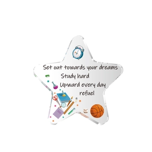 Star-shaped acrylic table plaque with inspirational text and colorful cartoon graphics