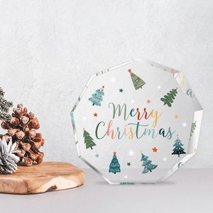 Polygonal clear acrylic Christmas desk ornament with Merry Christmas lettering and tree art