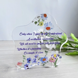 Floral clear acrylic heart plaque with purple flower patterns for home desk decor