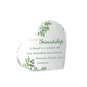 Transparent heart acrylic friendship ornament with green leaf patterns and quotes