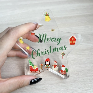 Pentagram acrylic star ornament with Merry Christmas print and festive illustrations