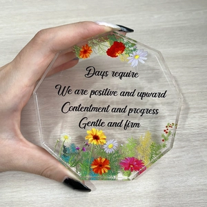 Octagonal acrylic floral ornament with pressed dried flowers and inspirational quote