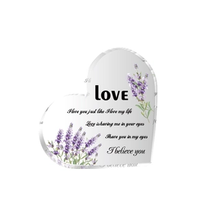 Heart-shaped acrylic ornament with purple lavender and love quotes on white background