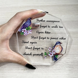 Hexagonal clear acrylic desk plaque with bird floral patterns and motivational quotes