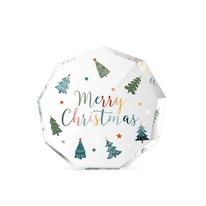 Nonagon clear acrylic Christmas ornament with tree print and Merry Christmas text