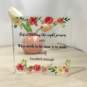 Square acrylic desktop plaque with floral design and motivational quotes for home decor