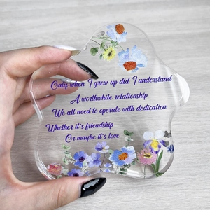 Petal-shaped clear acrylic flower ornament with UV printed wildflowers and purple quote