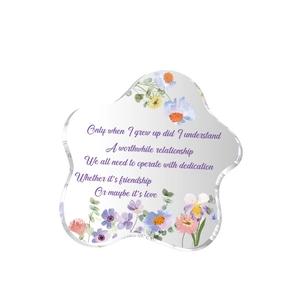 Floral acrylic heart ornament with motivational purple watercolor flowers for home decor