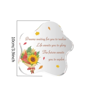 Detail showing irregular acrylic plaque with sunflower print and 10cm height dimension line