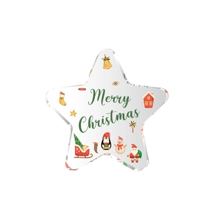 Transparent acrylic star-shaped Christmas ornament featuring festive Santa Claus and snowman motifs