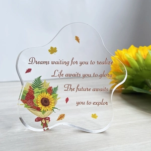 Irregular acrylic sunflower desk ornament with motivational quotes and clear finish