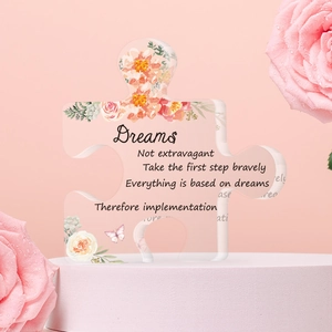 Acrylic puzzle shaped desk ornament with pink flowers and motivational quotes