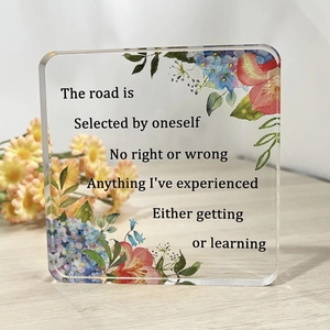 Square acrylic inspirational desk plaque with colorful flowers and motivational quote