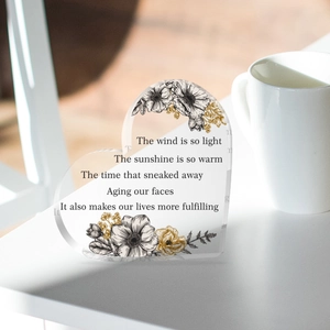 Clear heart-shaped acrylic desk ornament with elegant floral prints and inspirational poems