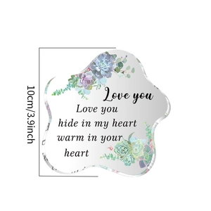 Detail of floral acrylic plaque with love quote and 10cm size dimension markings