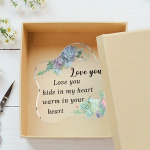 Irregular acrylic floral ornament with warm quote in a rustic kraft gift box