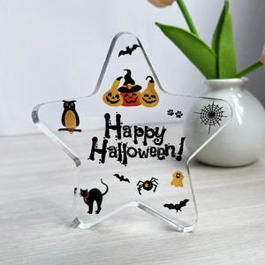 Décoration d'Halloween en acrylique en forme d'étoile avec texte et motifs de fête