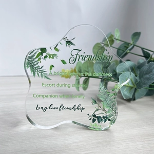 Cloud shaped clear acrylic desk decor with green plant patterns and friendship quotes