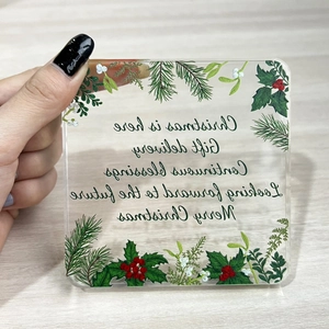 Square transparent acrylic Christmas plaque with festive embroidery style patterns
