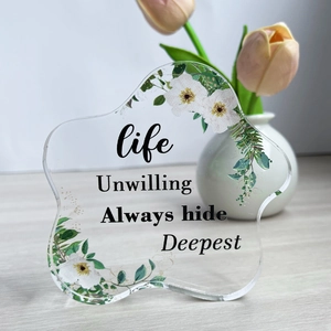 Irregular wavy acrylic desktop ornament with white floral prints and inspiring quotes