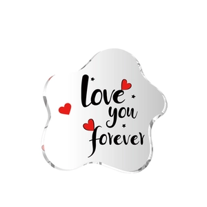 Ornement miroir acrylique irrégulier avec texte 'love you forever' et cœurs rouges