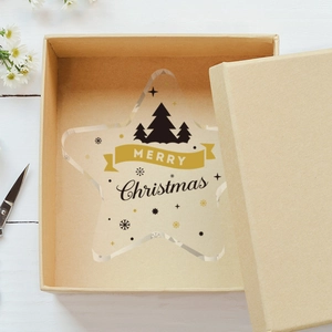 Pentagram acrylic Christmas ornament with Merry Christmas print in a kraft gift box