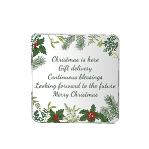 Square acrylic Christmas ornament with holly patterns and Merry Christmas text