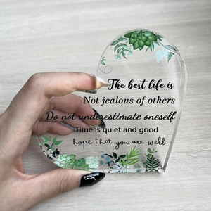 Heart-shaped transparent acrylic plaque with succulent patterns and inspirational quotes