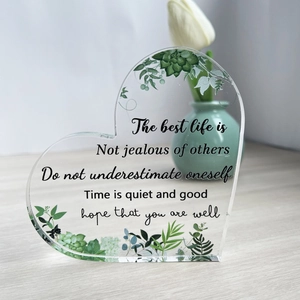 Heart-shaped acrylic desk plaque with succulent motifs and inspirational English quotes