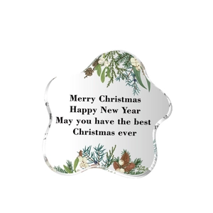 Irregular acrylic Christmas ornament with UV printed pine and berries on white background