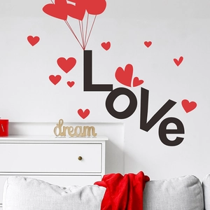 Modern self-adhesive Love wall sticker with red hearts and hot air balloon design for home decor