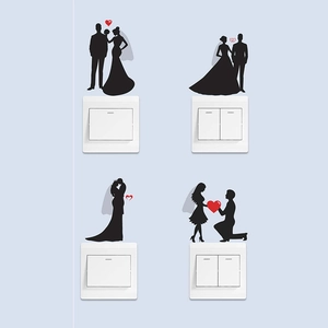 Stickers muraux silhouettes de mariage pour interrupteurs avec petits cœurs rouges