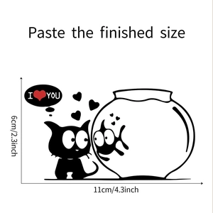 Detailed dimensions of a black cartoon cat wall sticker with fishbowl and heart motifs