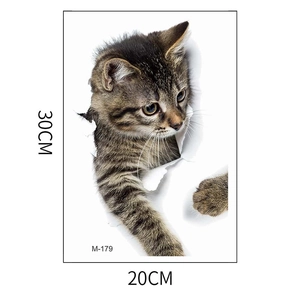 Detail view of 3D cat wall sticker showing realistic tabby cat and dimensions 20x30cm
