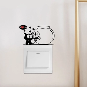 Cartoon Cat Fish Tank Switch Sticker DIY PVC Self-Adhesive Wall Decal For Living Room Bedroom Home Decoration Black Silhouette