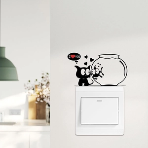Cute black cat silhouette light switch wall sticker with fish tank and red heart decal