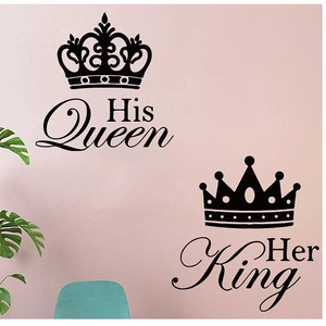 Black crown wall stickers with Her King and His Queen text for bedroom wall decor