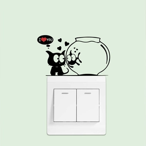 Cartoon black cat wall sticker with fish tank and I Love You heart decal for light switches