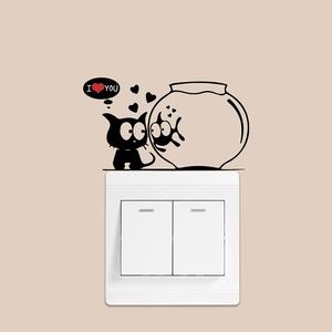 Cartoon cat silhouette wall sticker with fishbowl and heart bubble for light switch