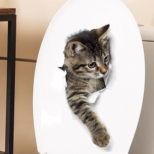 3D cute grey tabby cat wall sticker appearing to break through a white toilet lid cover