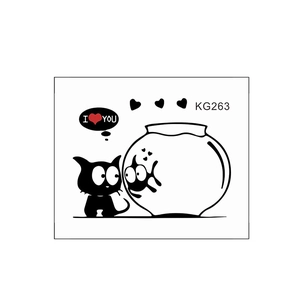 Cartoon black cat and fishbowl wall sticker with I Love You text for room decor