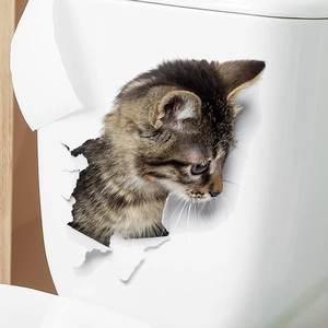 3D realistic cute kitten wall sticker with creative broken hole effect for bathroom decor