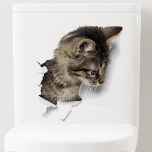 Detailed 3D effect tabby cat wall sticker for bathroom decor on a white toilet
