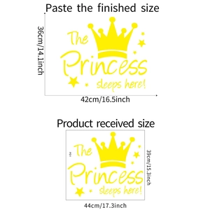 Dimensions détaillées du sticker mural Princesse avec couronne jaune et des étoiles