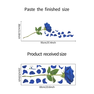 Detailed blue rose wall sticker dimensions showing layout and applied wall effect