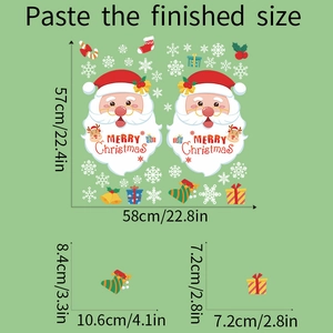 Christmas wall decal dimensions showing Santa Claus, snowflakes and gift box measurements