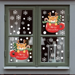 Christmas Reindeer Snowflake Window Stickers Red Mug Cartoon Static PVC Decals Merry Christmas Holiday Wall Decoration